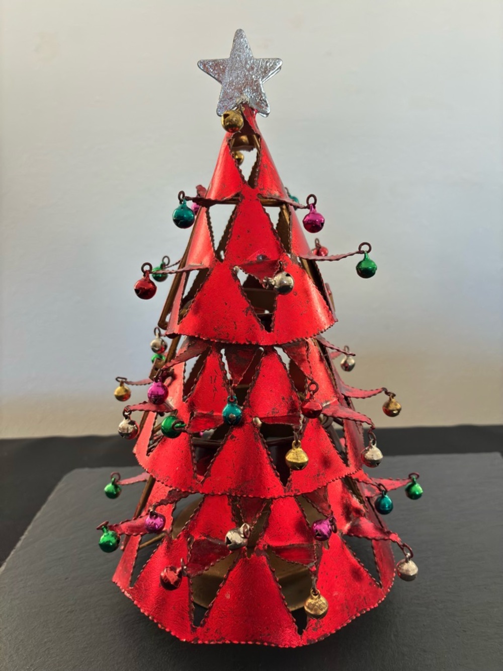 Red Metal Holiday Tree with Multi-Color Bells